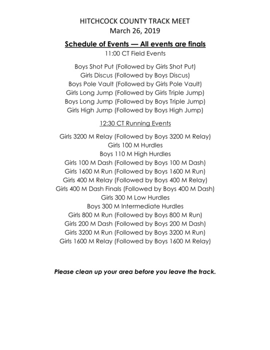 Hitchcock County Track Invite schedule of events (field events begin at 11:00CT and running at 12:30CT)