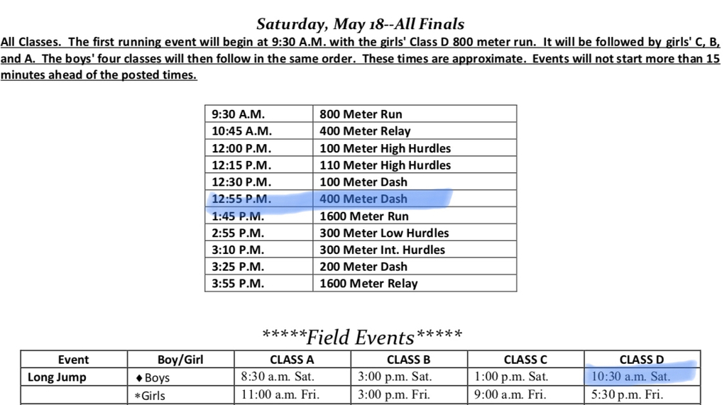 Saturday state track schedule